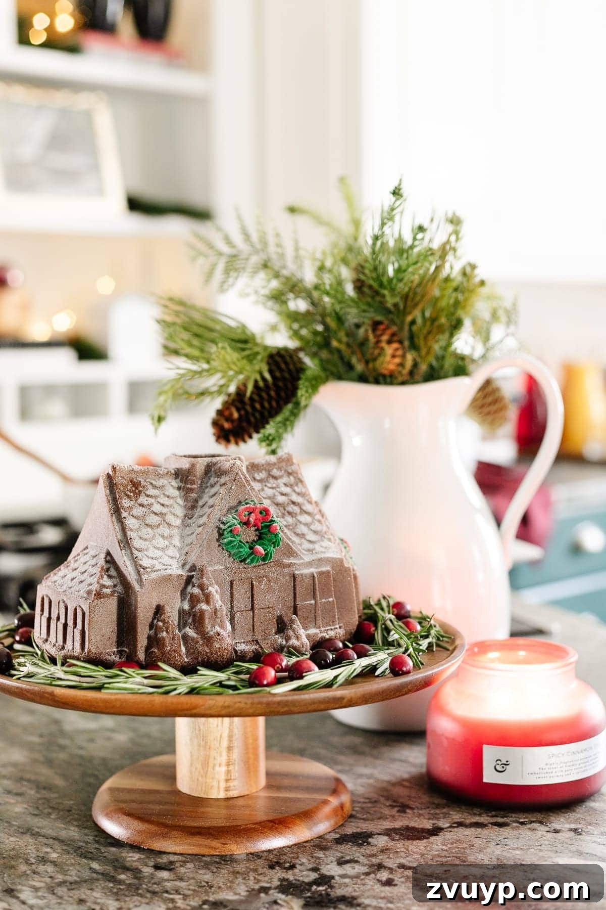 Christmas brunch decor with a gingerbread house on a cake stand