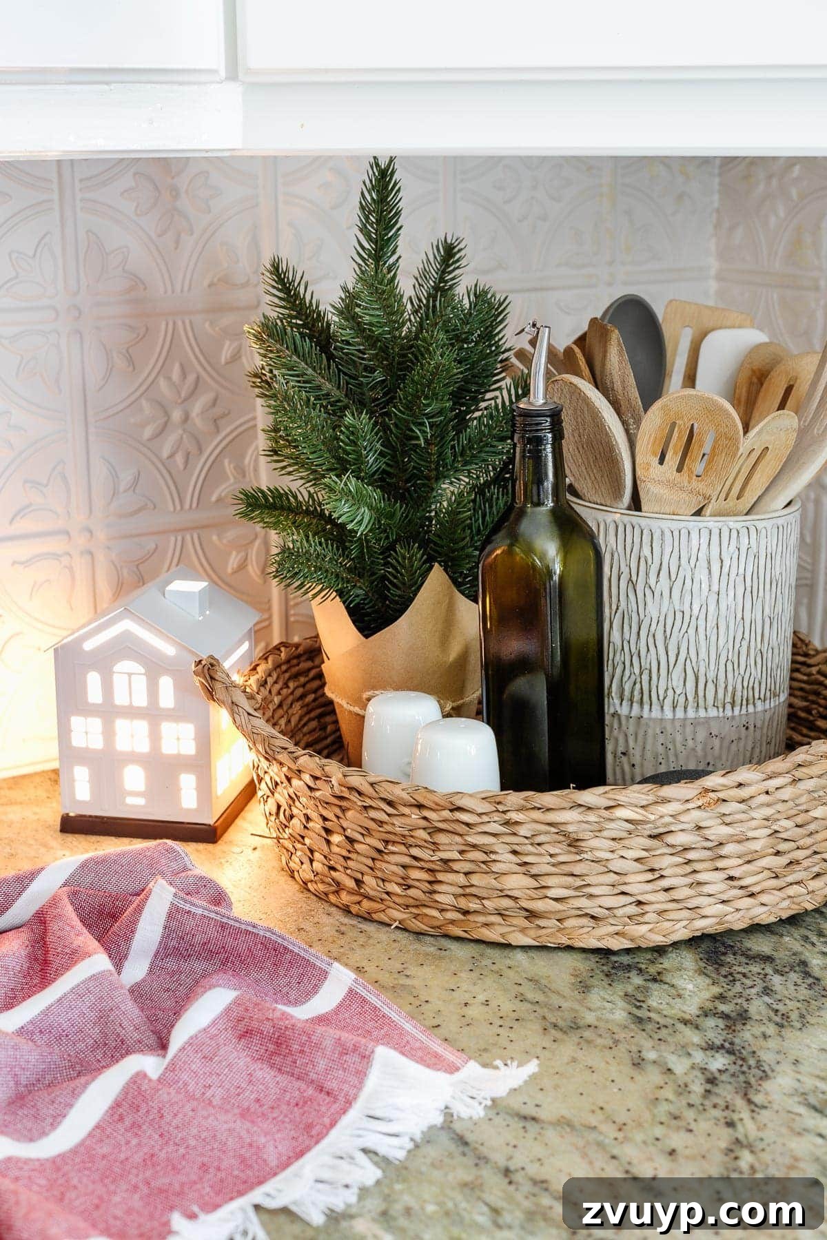 kitchen countertop tray with christmas decor and candles