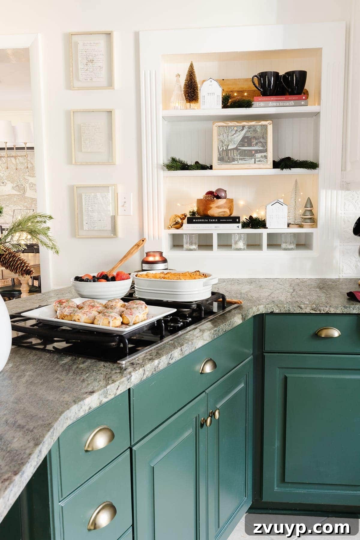 Christmas brunch decor on a kitchen countertop, stove, and shelf