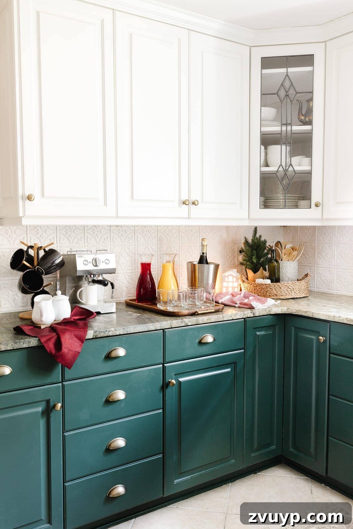 Christmas brunch espresso and mimosa bar on a kitchen countertop with two tone cabinets
