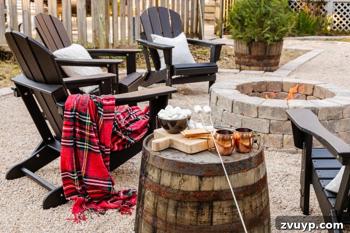 Weekend Wonder: DIY Pea Gravel Fire Pit 21 Stone DIY fire pit with pea gravel, black Adirondack chairs, and ambient lighting.