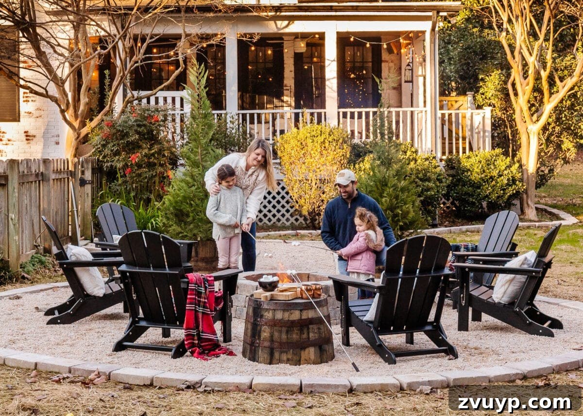 Weekend Wonder: DIY Pea Gravel Fire Pit 29 A completed DIY fire pit with pea gravel and Adirondack chairs, showcasing a successful backyard project.
