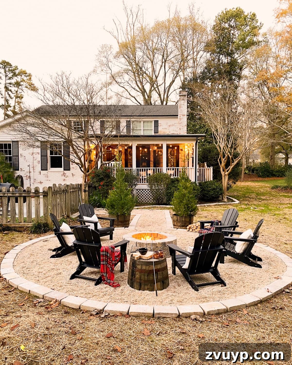 Weekend Wonder: DIY Pea Gravel Fire Pit 8 A beautifully completed and cozy outdoor DIY fire pit area with seating.
