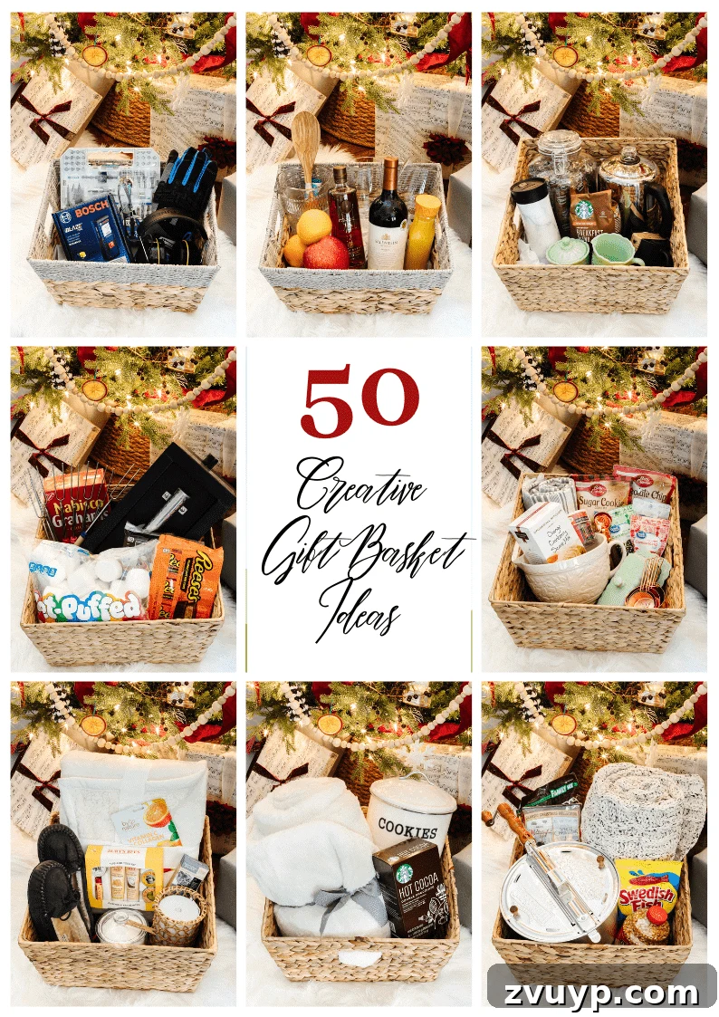 50 Festive Hamper Inspirations 2 Creative Christmas gift basket ideas for various personalities including homebodies, spa lovers, DIY enthusiasts, entertainers, bakers, movie buffs, and coffee fanatics.