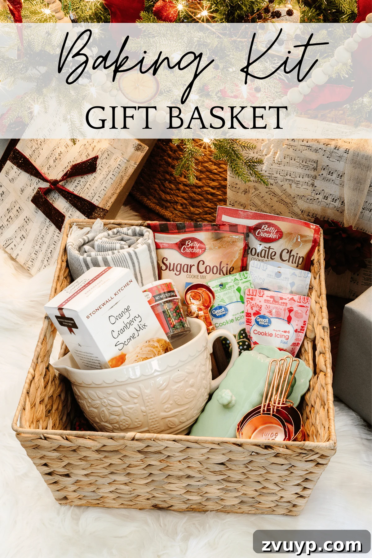 50 Festive Hamper Inspirations 3 Baking Kit Gift Basket with a batter bowl, measuring cups, and cookie mix.