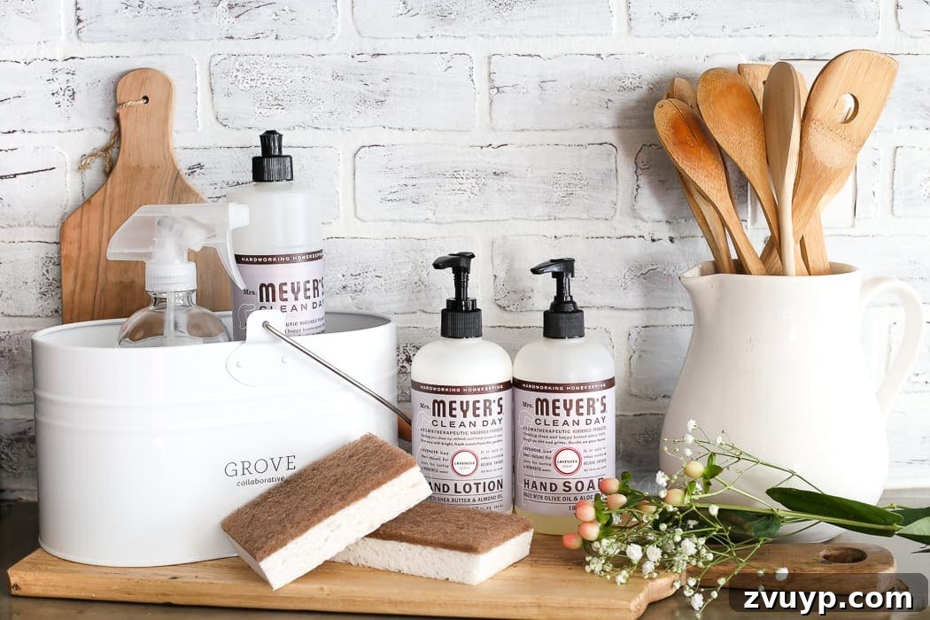 50 Festive Hamper Inspirations 12 Housecleaning Gift Basket with various cleaning supplies.