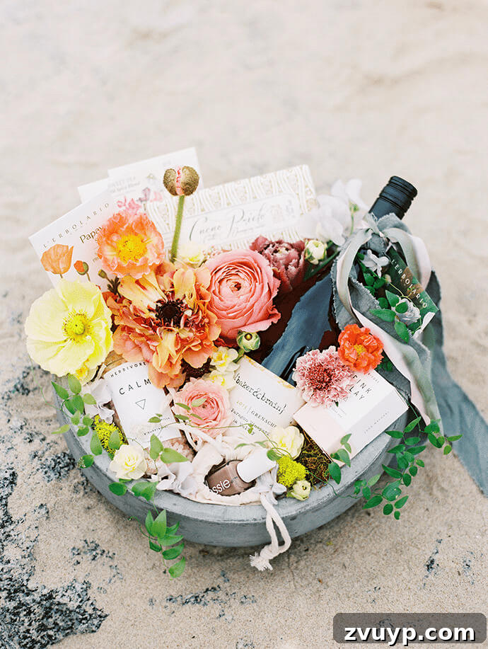 50 Festive Hamper Inspirations 14 Flower Themed Gift Basket with a small bundle of flowers and floral goodies.