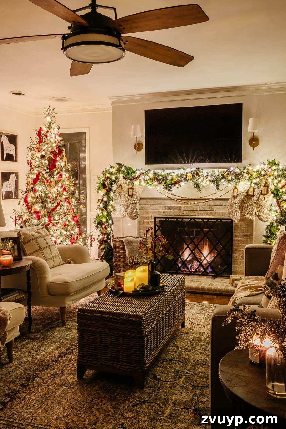 The 2020 Candlelit Yuletide Journey 20 A serene Christmas vignette with a ceramic house and greenery