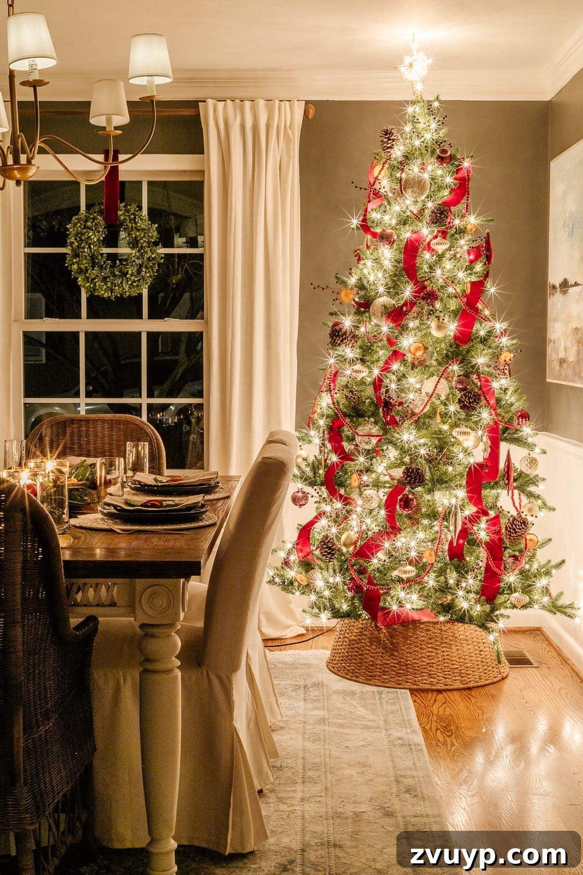 The 2020 Candlelit Yuletide Journey 3 Christmas living room at night with soft, ambient lighting