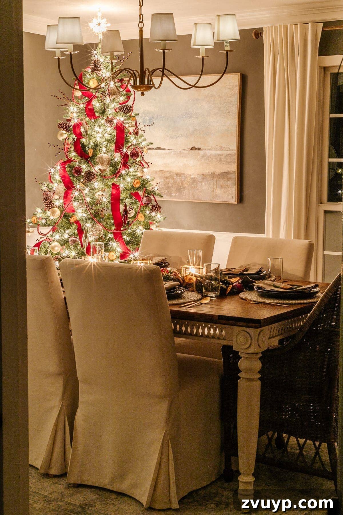 The 2020 Candlelit Yuletide Journey 9 Festive bedroom decor with a lit Christmas tree and cozy bedding