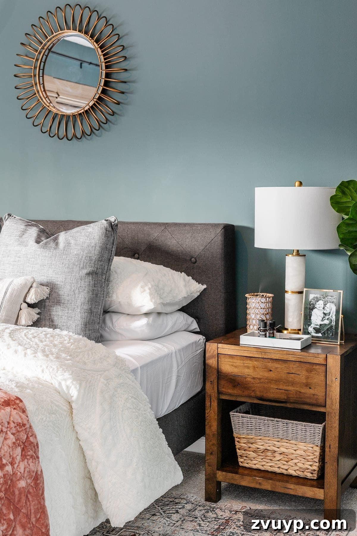 Crafting a Spa Sanctuary: Bedroom Decor for Ultimate Serenity 15 Close-up of a nightstand with a rattan diffuser and decorative items