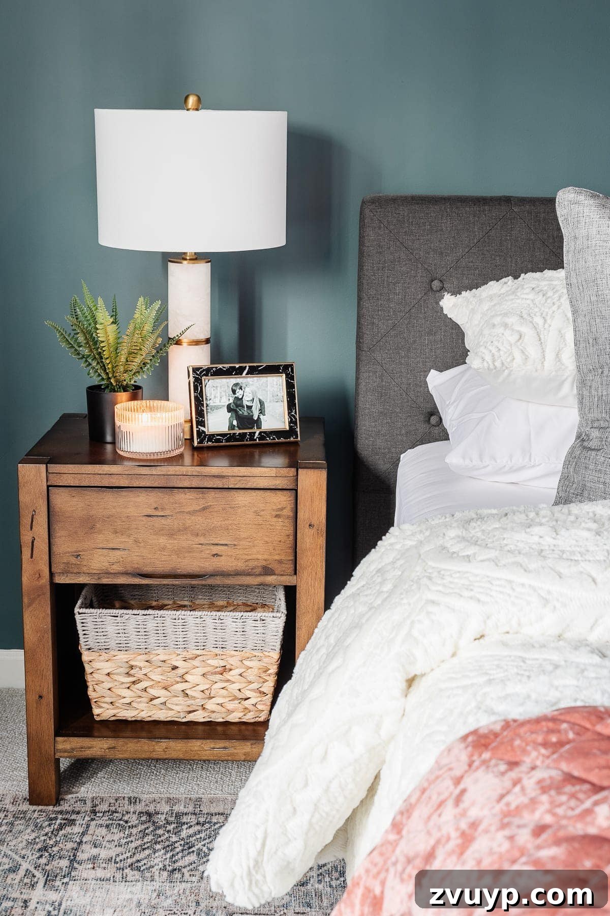 Crafting a Spa Sanctuary: Bedroom Decor for Ultimate Serenity 16 Black marble picture frame, small plant, and candle on a wooden nightstand