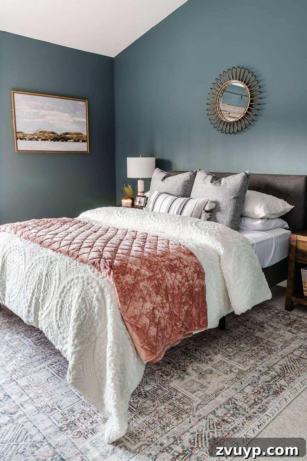 Crafting a Spa Sanctuary: Bedroom Decor for Ultimate Serenity 24 Stunning after shot of the transformed teal and blush bedroom