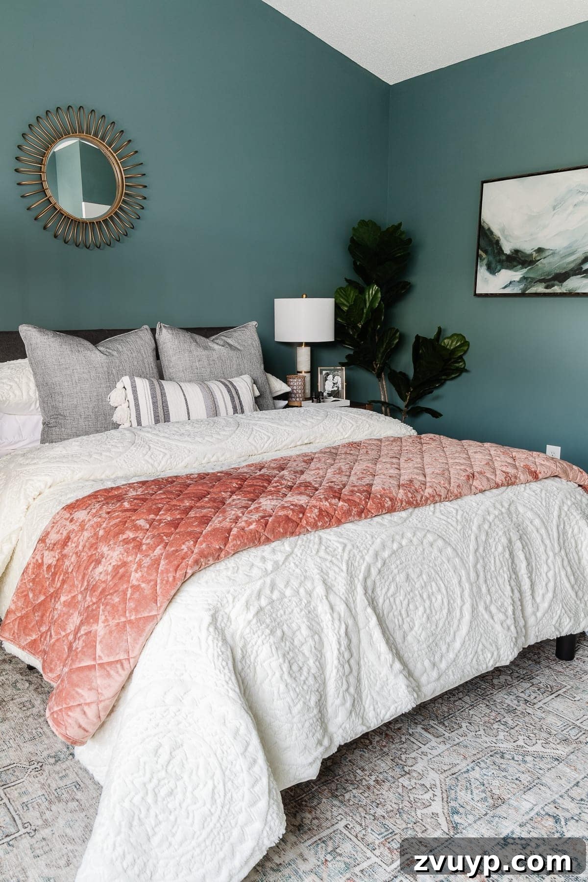 Crafting a Spa Sanctuary: Bedroom Decor for Ultimate Serenity 9 Bedroom with nature-inspired abstract waterscape art on the wall