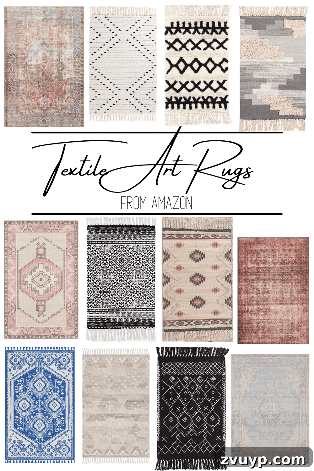 Collage of various small accent rugs suitable for DIY textile art, showing different patterns and colors.