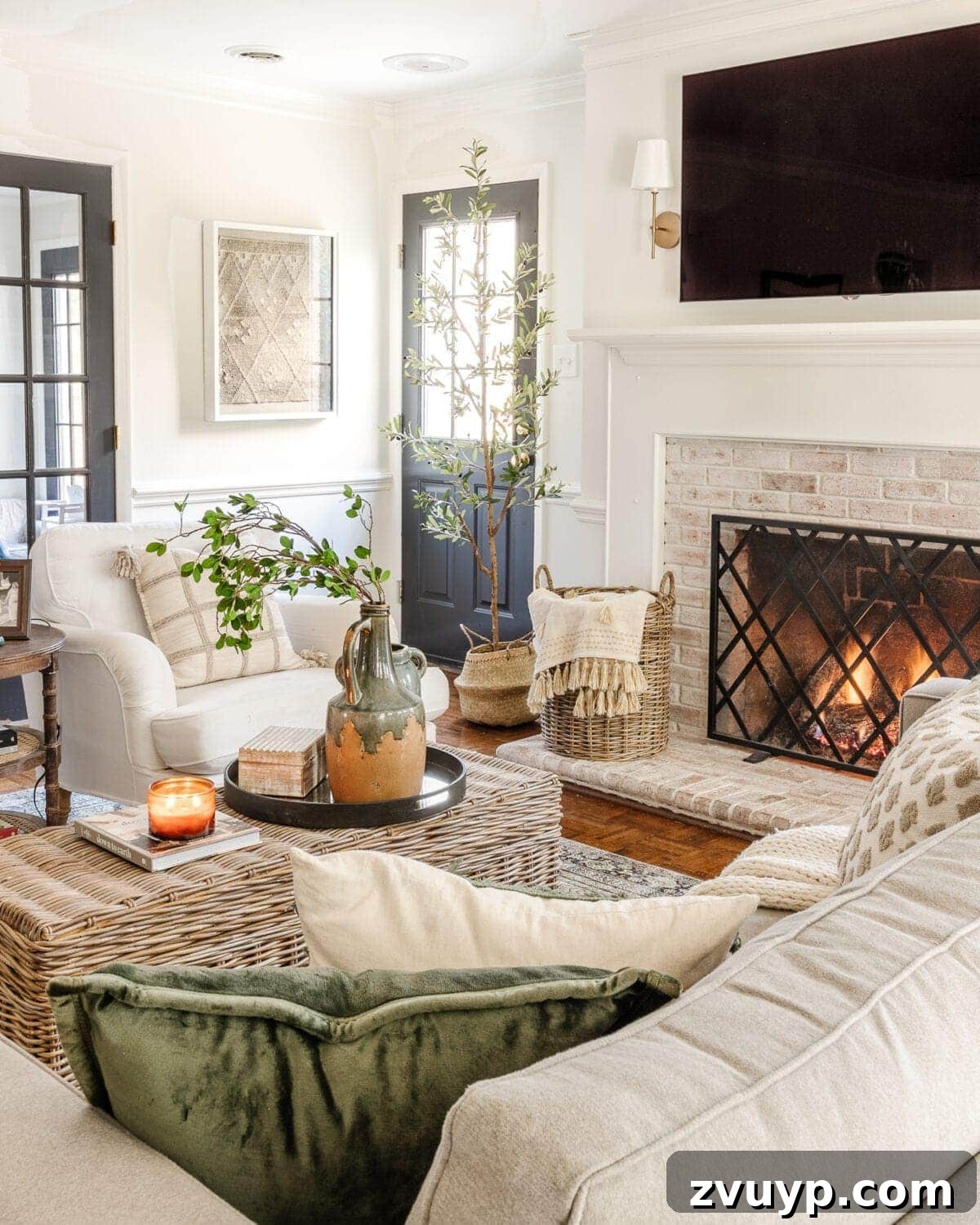 Seasonal Snuggle Spot My Favorite Winter Decor 4 Cozy winter living room with a fireplace and glowing candles, perfect for creating a warm ambiance.