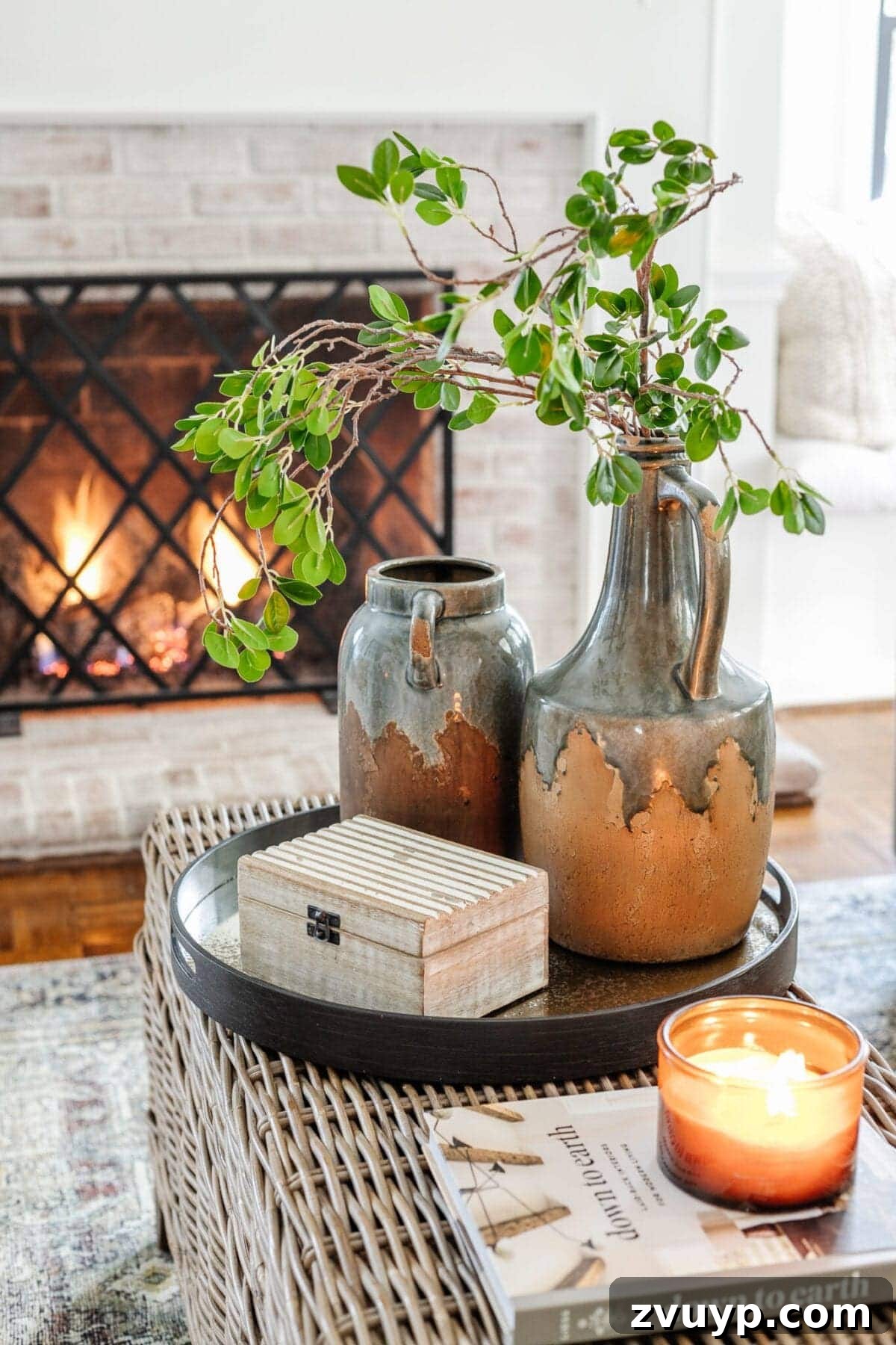 Seasonal Snuggle Spot My Favorite Winter Decor 6 Winter decor on a coffee table featuring a vase with green branches and a selection of curated items.