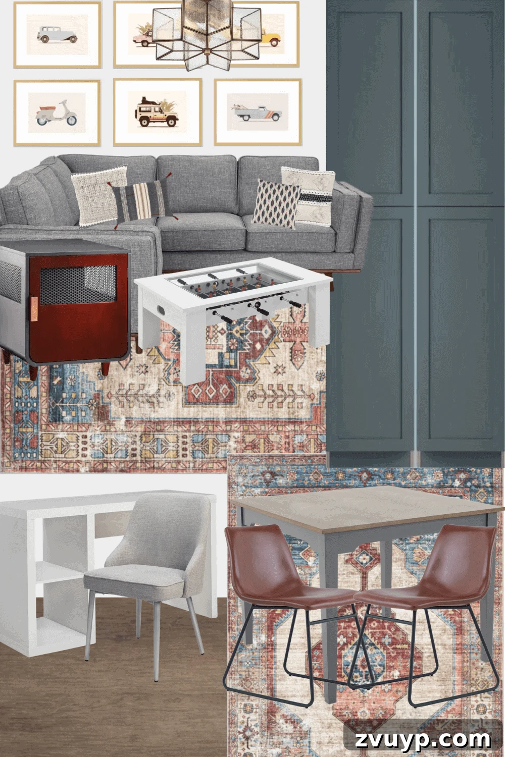 Rec room mood board showing design elements with LVP flooring