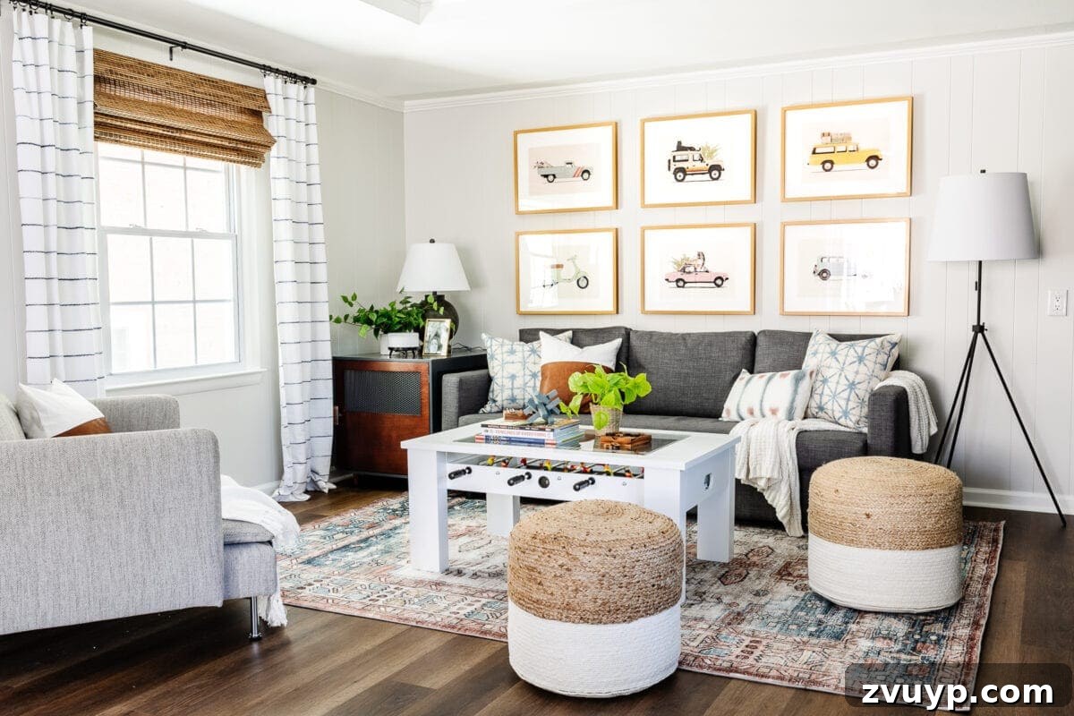 From Drab to Dream Den: Our Rec Room's Big Reveal 17 Wide view of the completed rec room showcasing colorful decor and natural light