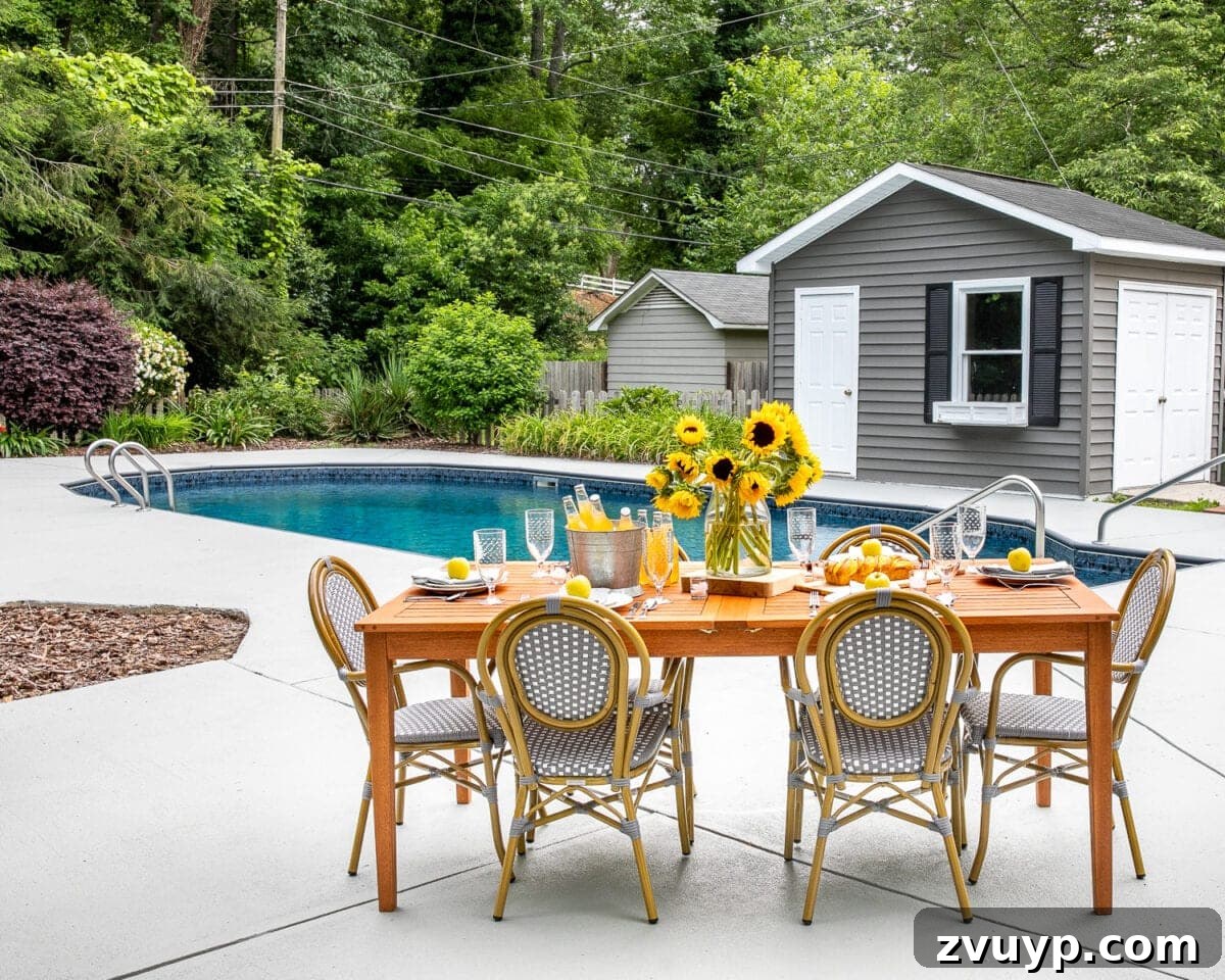 Freshly painted concrete pool deck with modern design and crisp lines.