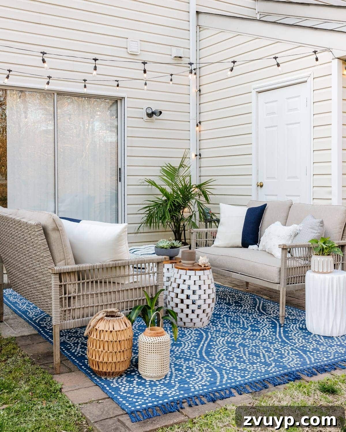 Budget-Friendly Backyard Oasis 11 backyard patio styled with outdoor furniture and plants behind a townhouse
