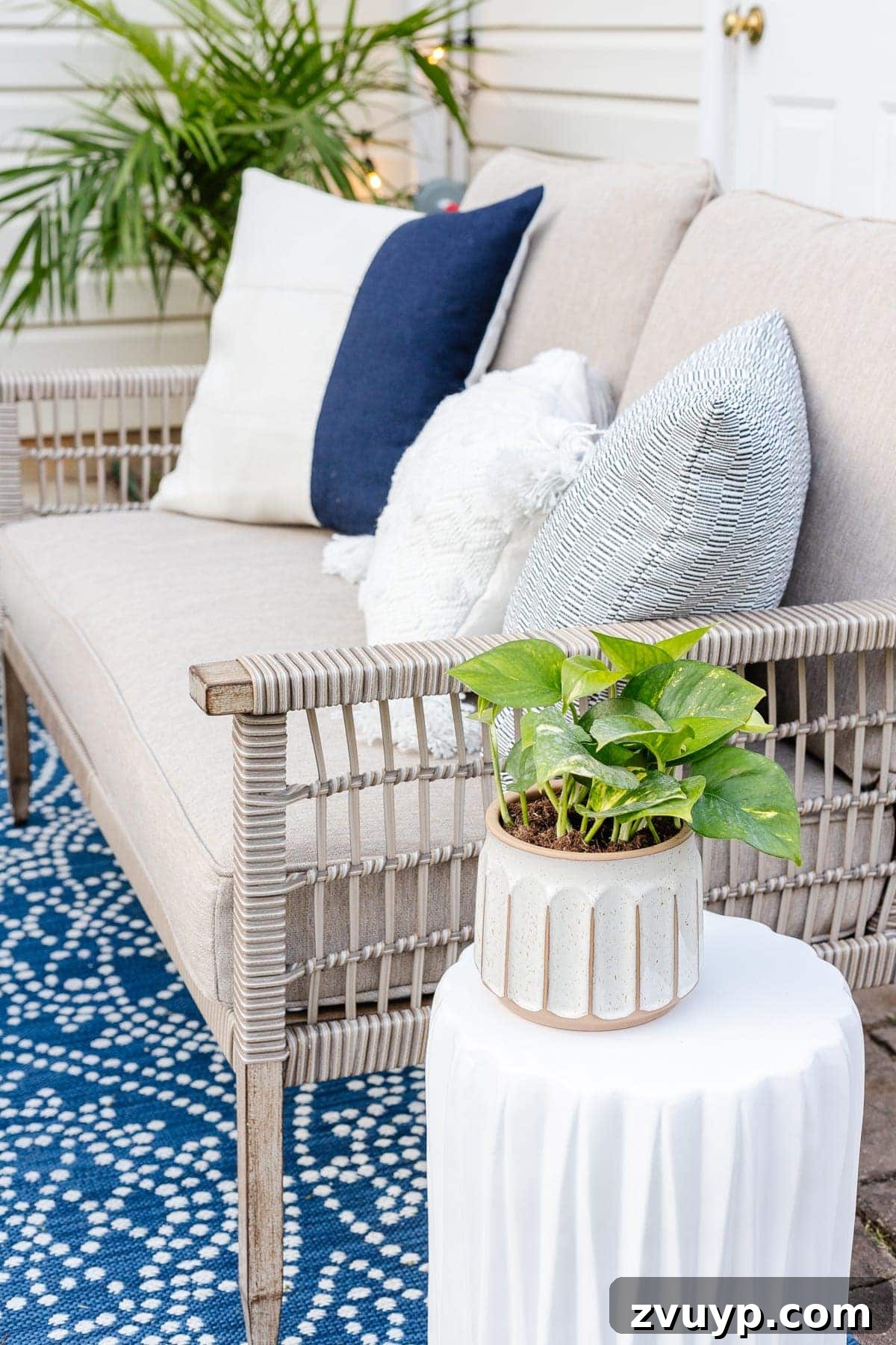 Budget-Friendly Backyard Oasis 13 outdoor sofa with pillows and plants
