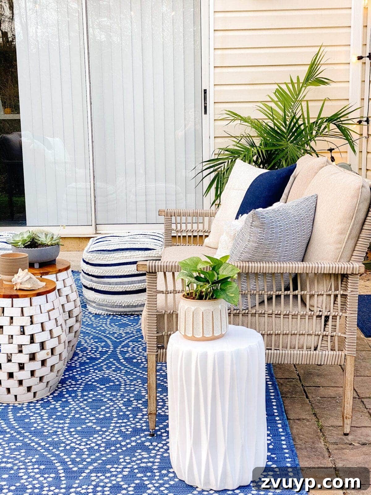 Budget-Friendly Backyard Oasis 6 outdoor loveseat with garden stool tables and plants
