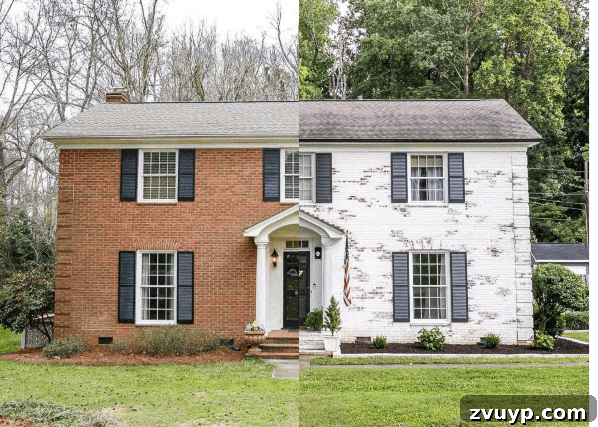 Your Free Blueprint to DIY Dream Home Success 2 Stunning white brick house exterior transformation, showing a dramatic before and after renovation