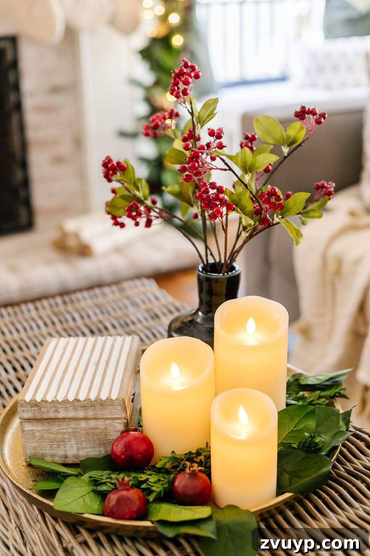 Simple Steps to a Stunning Coffee Table 13 Elegant Christmas coffee table decor ideas with metallic tray, holly, and flameless candles
