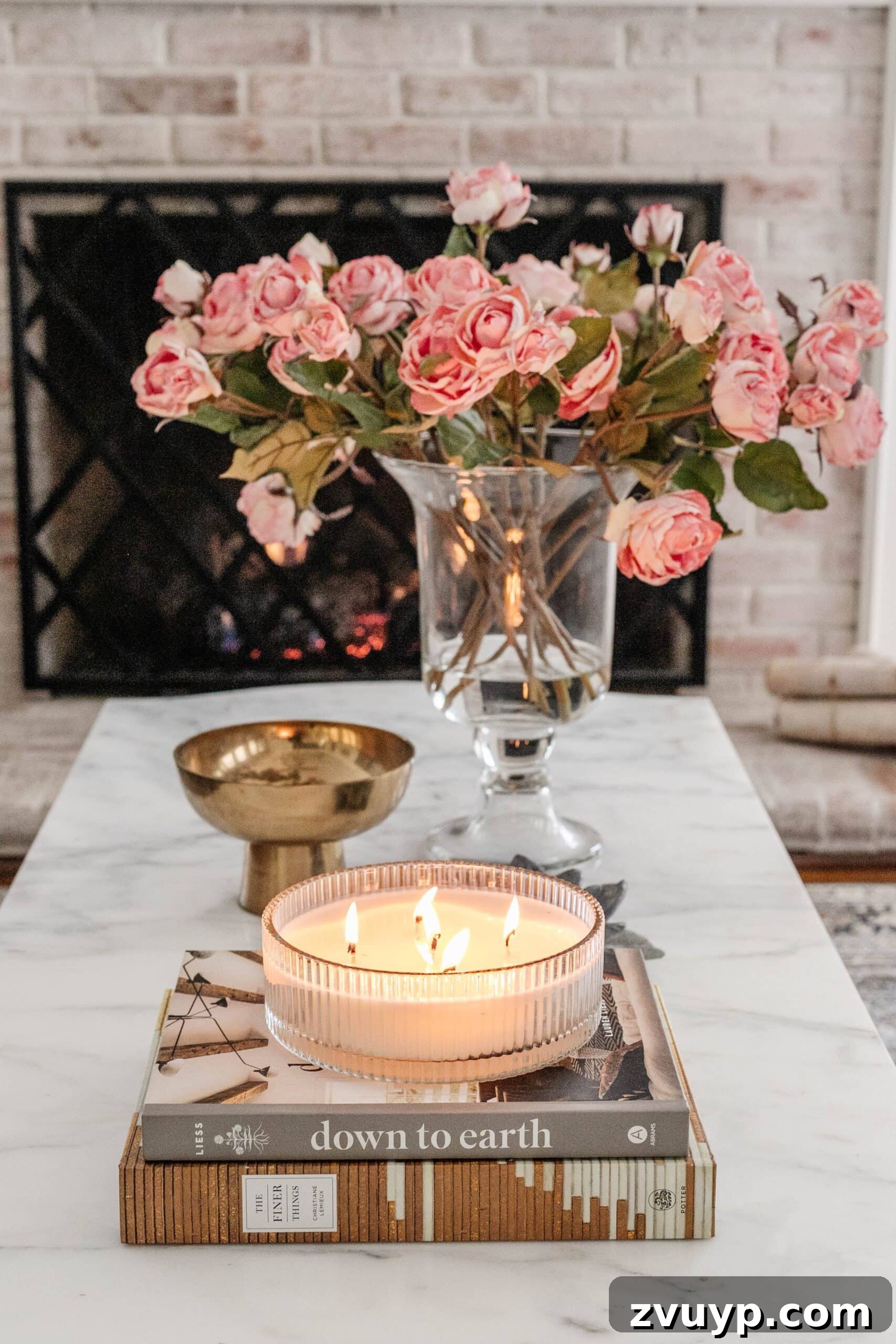 Simple Steps to a Stunning Coffee Table 17 Beautiful spring summer coffee table decor with pink roses, brass bowl, and elegant candle