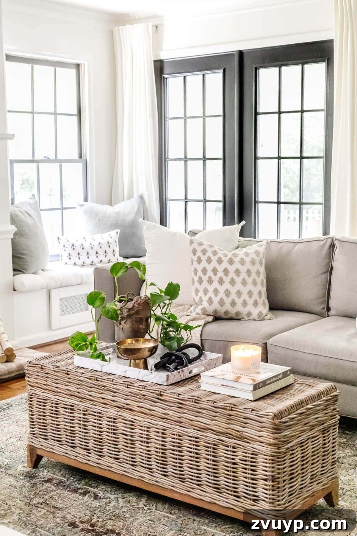 Simple Steps to a Stunning Coffee Table 4 Stylish rattan coffee table decor featuring a marble tray, bust planter, and carefully arranged items
