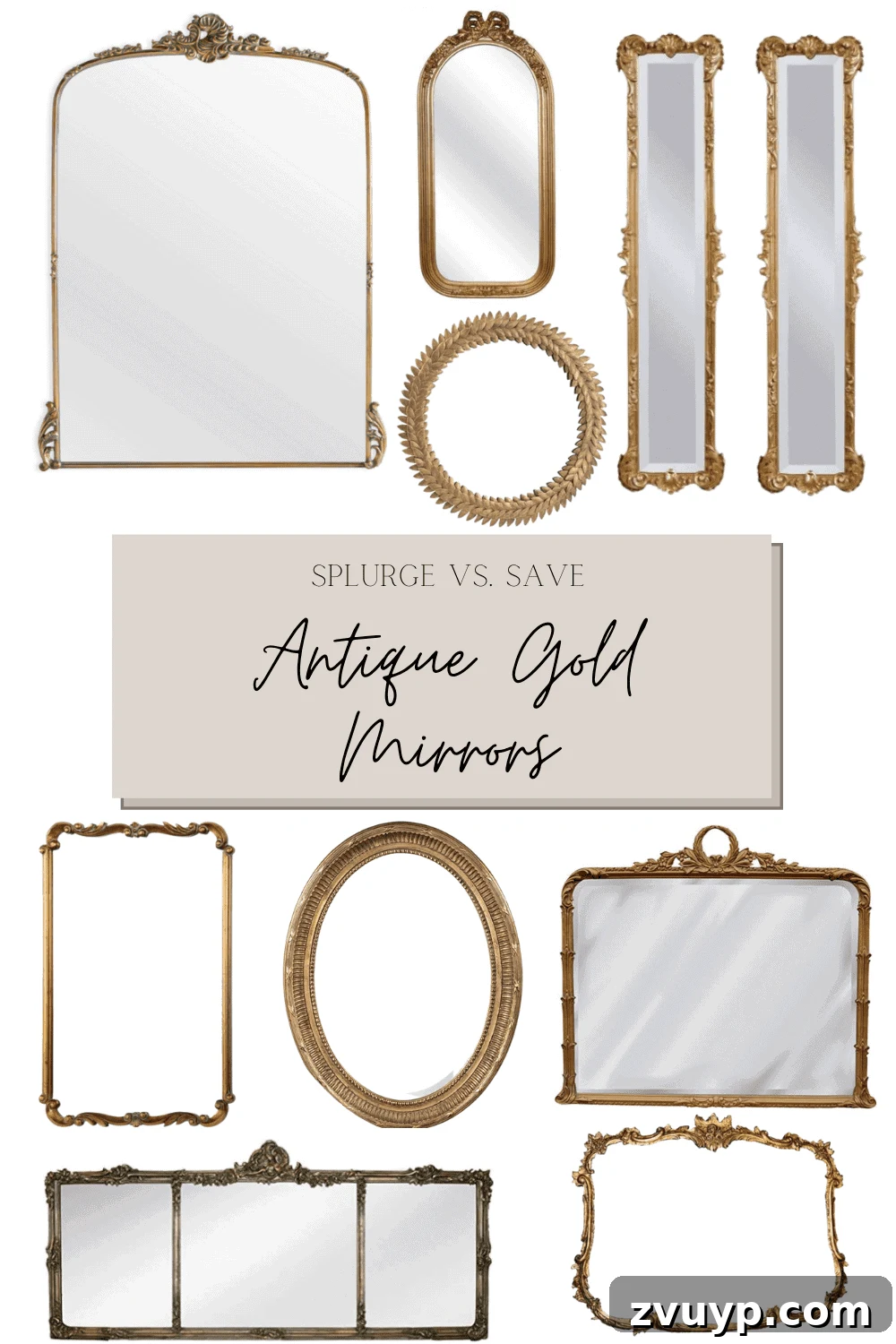 Timeless Gold Mirrors Elegance for Every Budget 4 A collection of diverse antique gold mirrors, showcasing various French and Baroque styles, perfect for timeless decor.