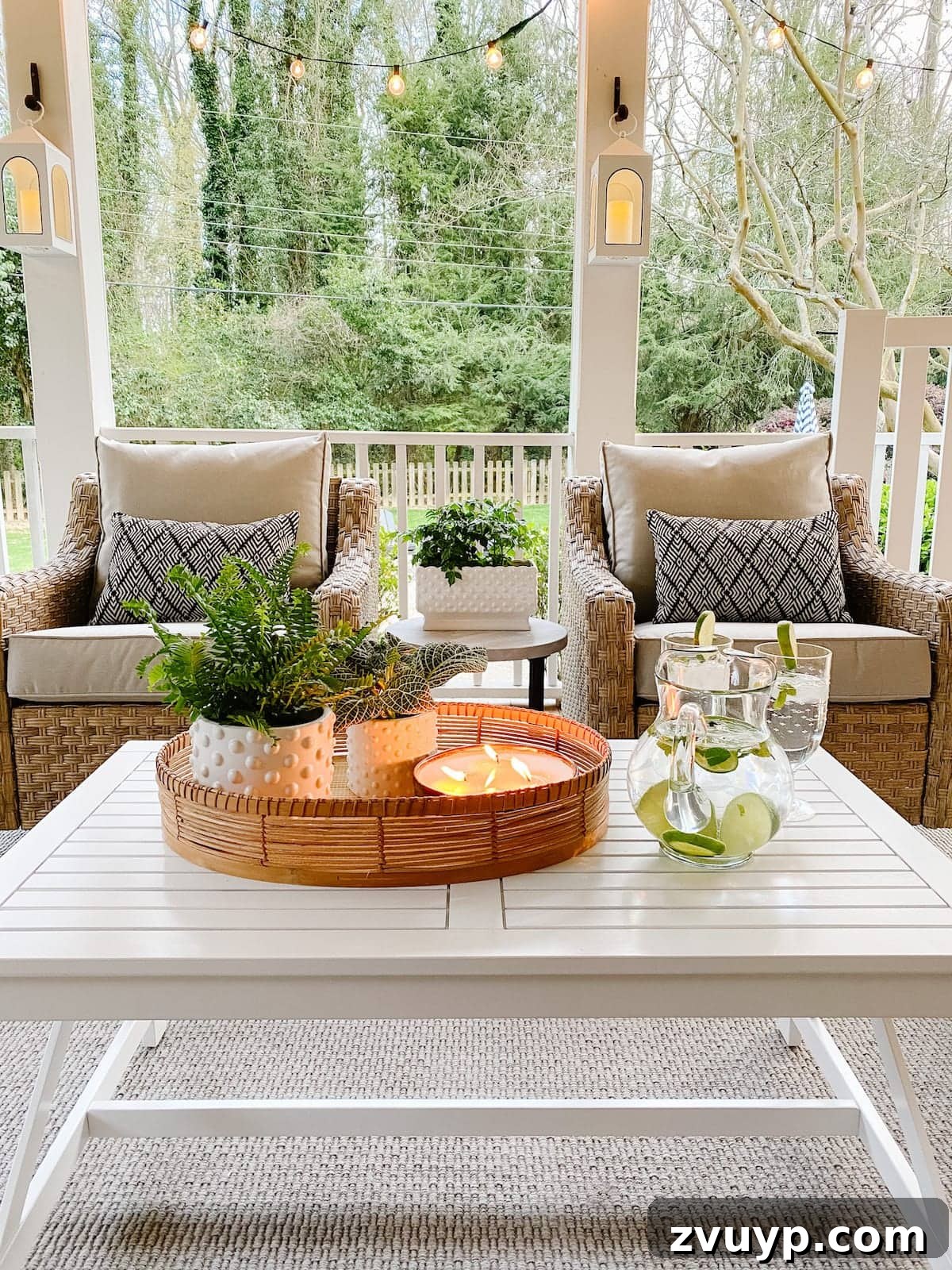 Revitalizing Our Outdoor Retreat 12 White battery-operated lanterns and string lights creating a magical ambiance on the back porch at dusk.
