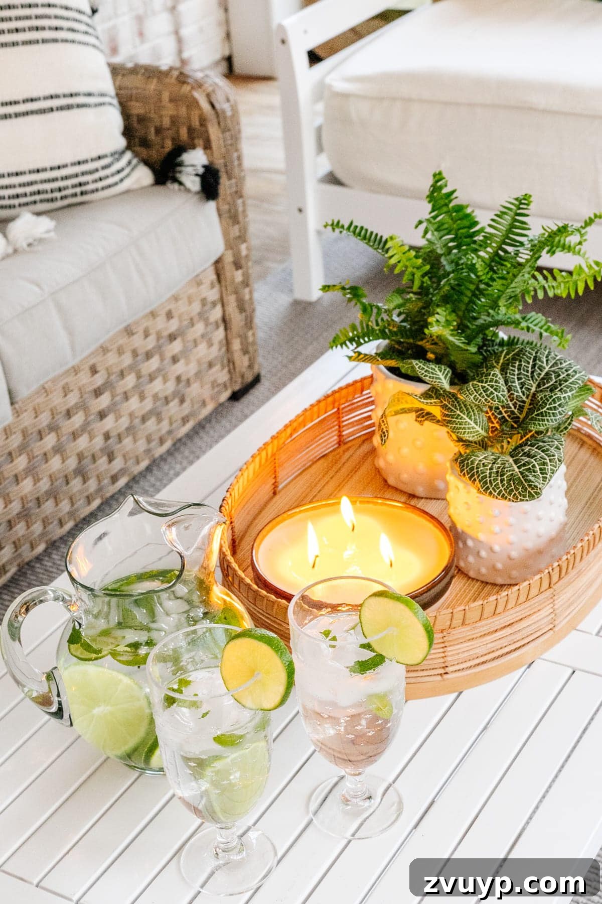 Revitalizing Our Outdoor Retreat 13 A lit citronella candle on an end table, providing both ambiance and bug repellent for evening enjoyment.