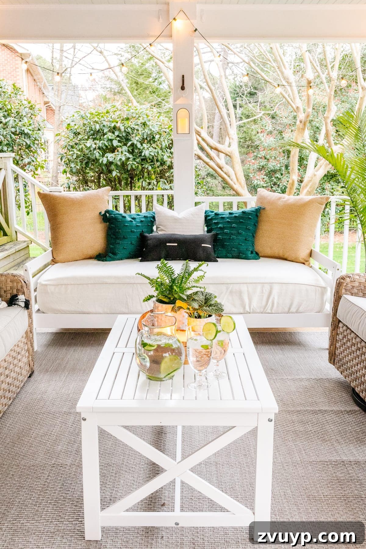 Revitalizing Our Outdoor Retreat 6 A comfortable outdoor daybed with decorative pillows, perfect for lounging and reading on the porch.