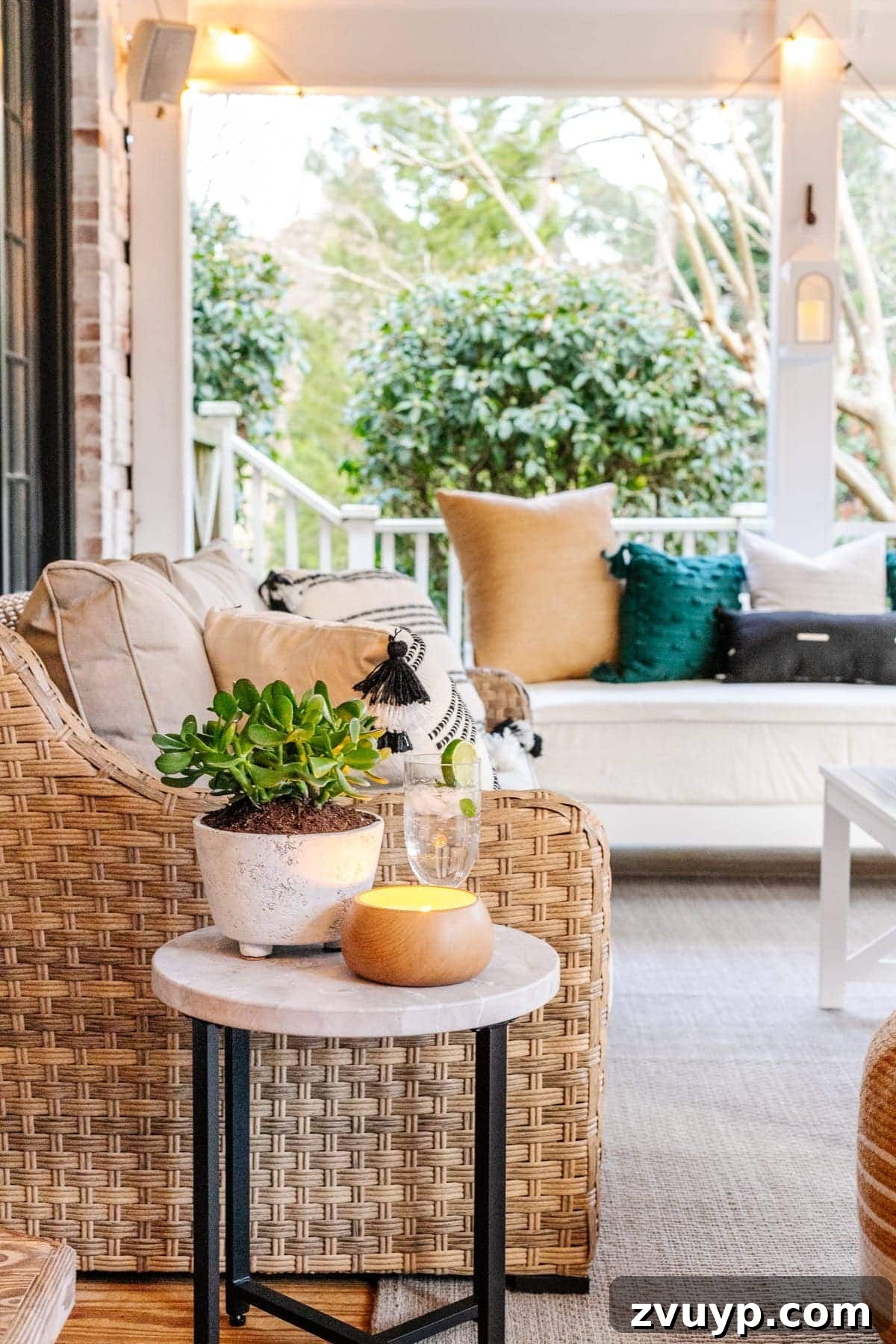 Revitalizing Our Outdoor Retreat 7 Faux marble end tables placed beside the daybed, providing convenient surfaces for drinks and personal items.