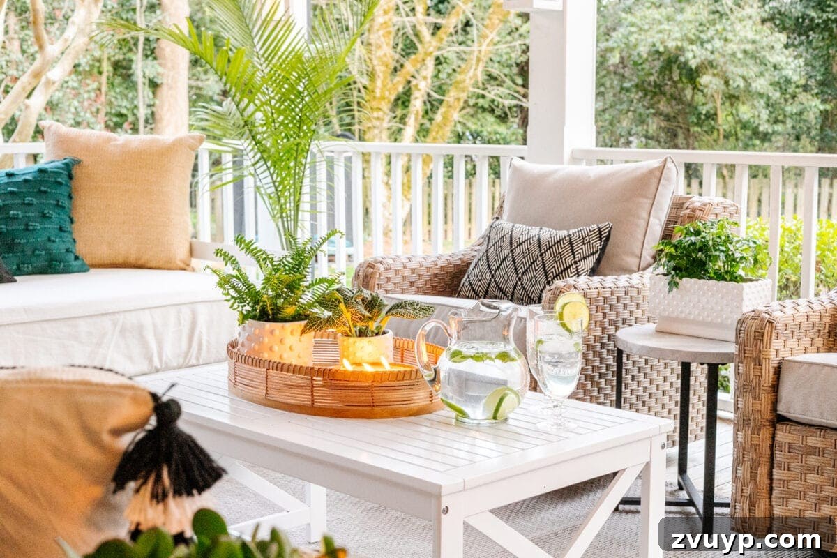 Revitalizing Our Outdoor Retreat 8 An outdoor coffee table and a bright, patterned outdoor rug adding color and definition to the porch seating area.