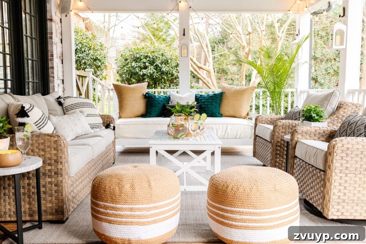 Revitalizing Our Outdoor Retreat 9 Outdoor poufs serving as extra seating and playful elements on the back porch, perfect for kids and adults alike.