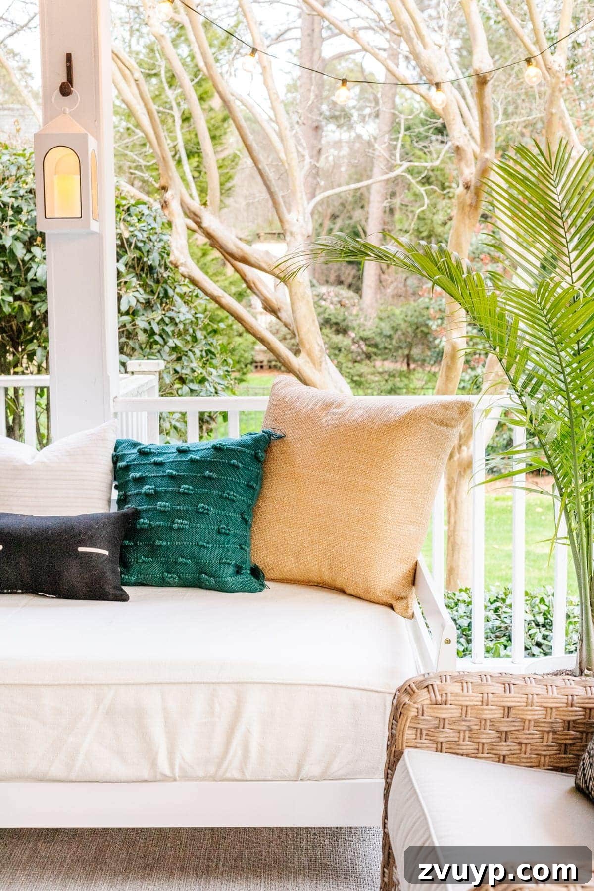 Revitalizing Our Outdoor Retreat 10 A collection of outdoor pillows, including vibrant teal ones, enhancing the comfort and aesthetic of the porch seating.