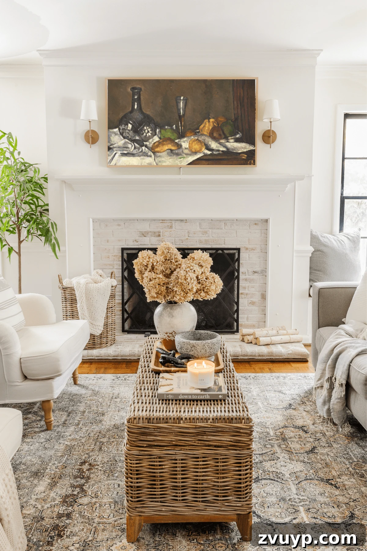 Samsung Frame TV in living room with still life art