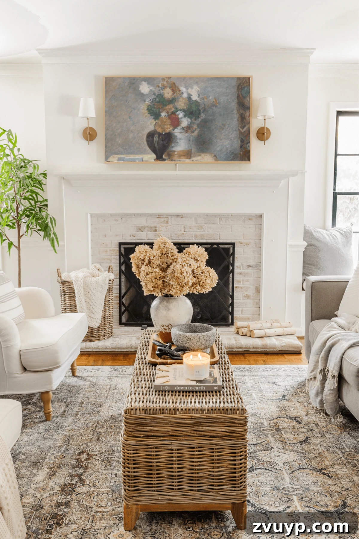 Samsung Frame TV in living room with still life art