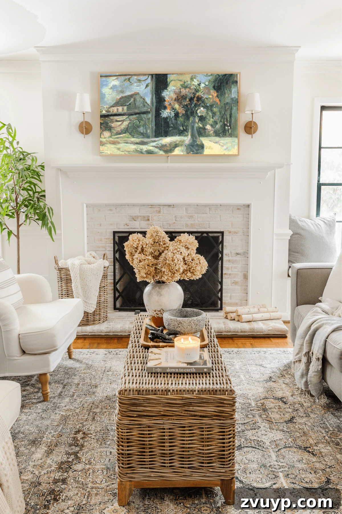 Samsung Frame TV in living room with still life art