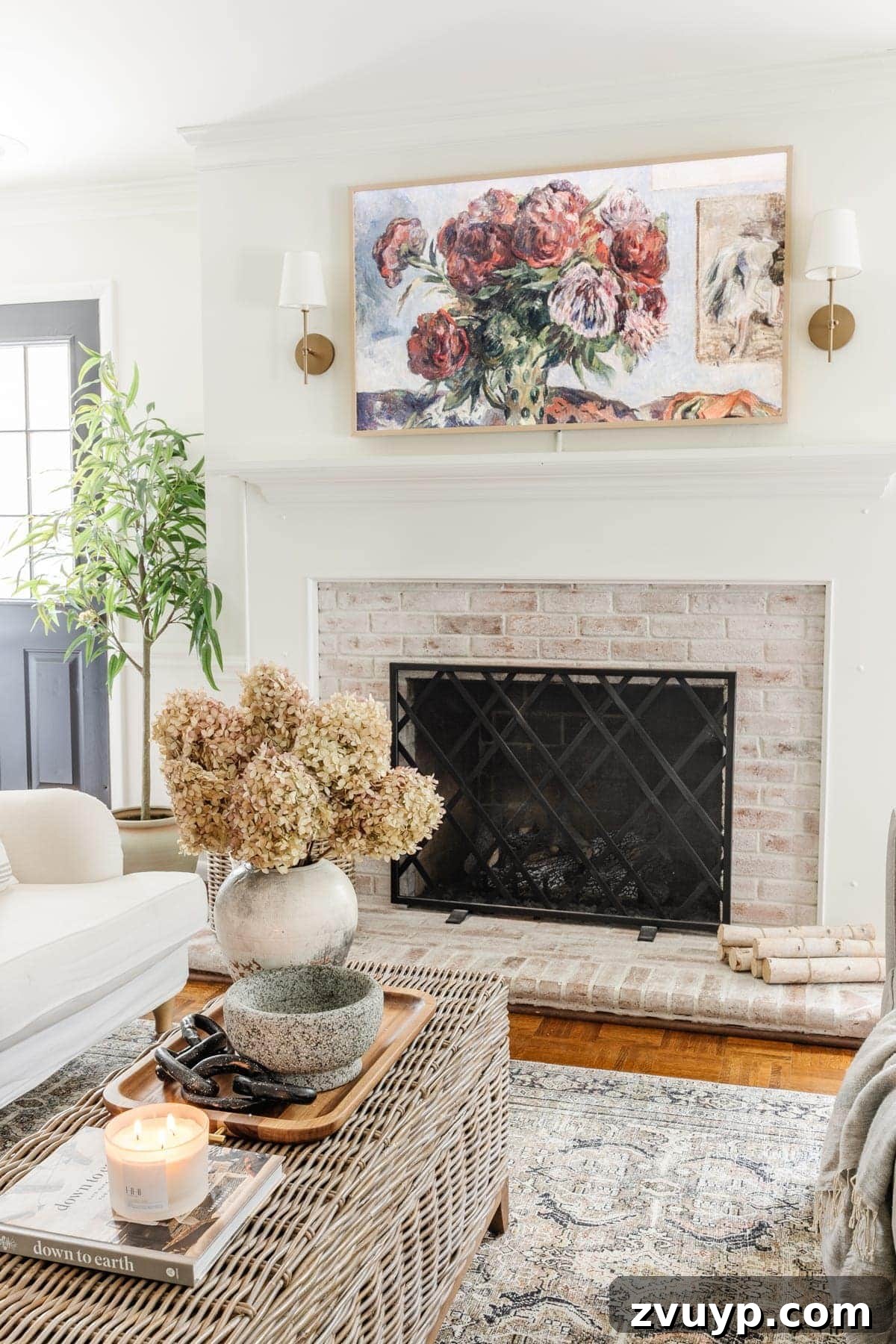 Samsung Frame TV in living room with still life art