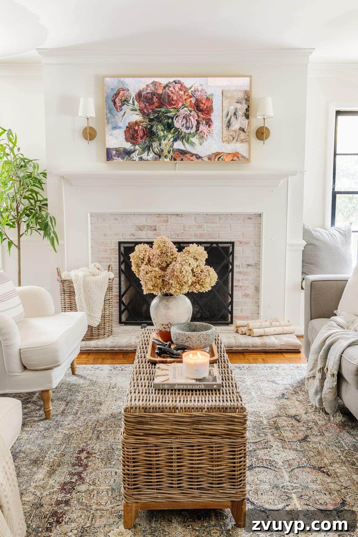 Samsung Frame TV in living room with still life art