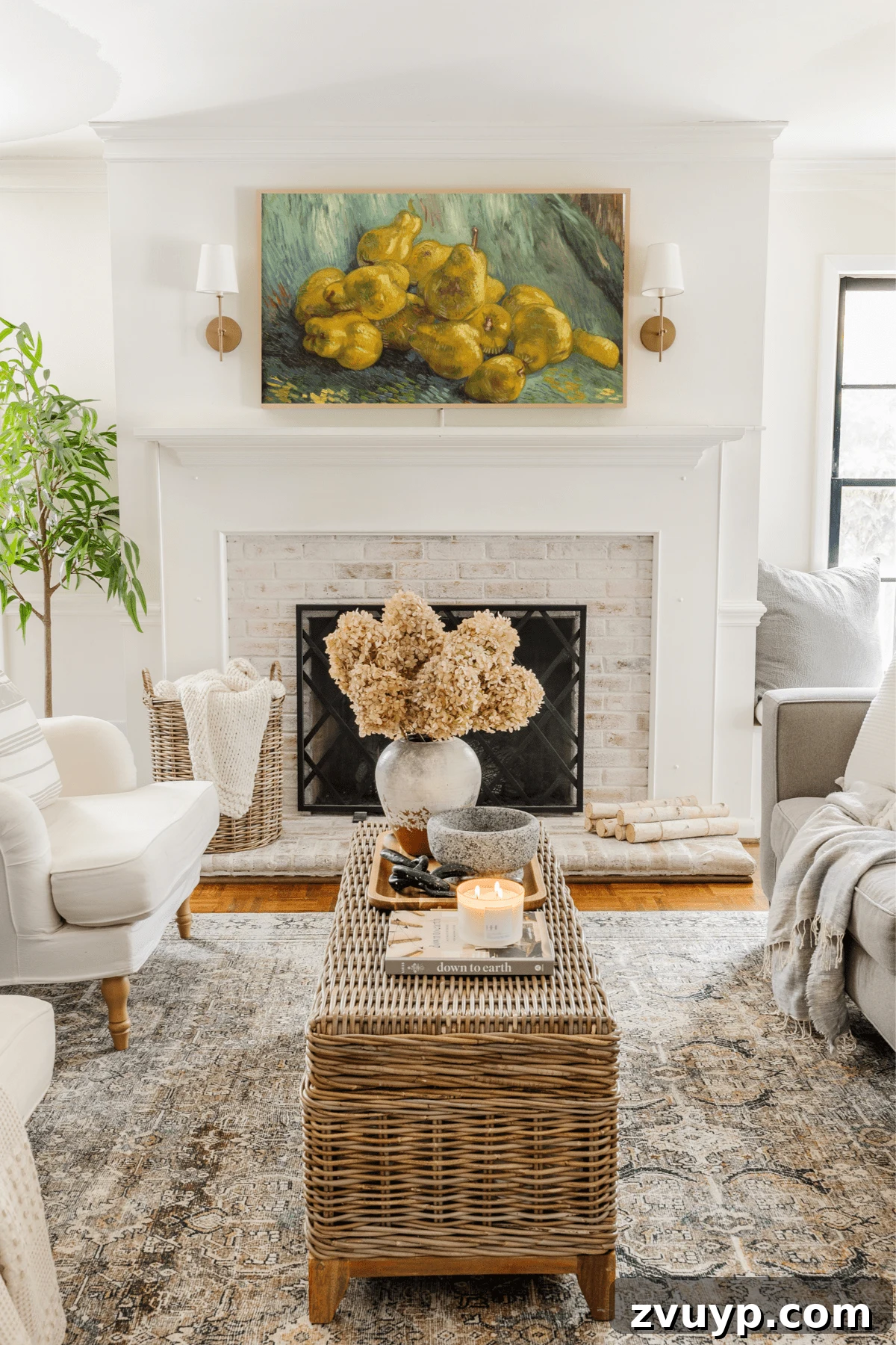 Samsung Frame TV in living room with still life art