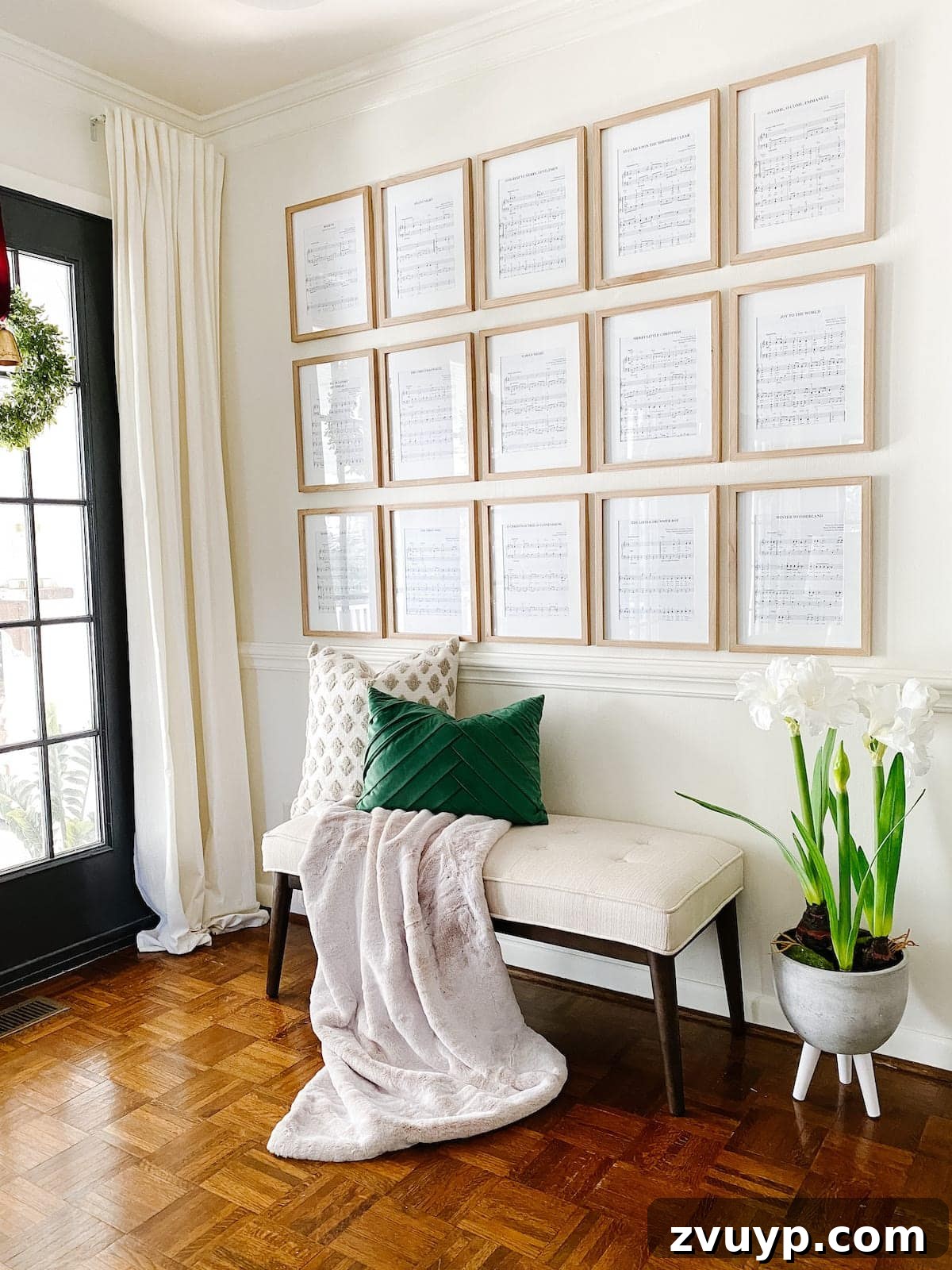 Audubon's Avian Art: Free Printable Gallery for Your Walls 3 Before shot: Entryway gallery wall displaying festive Christmas sheet music prints, creating a cozy holiday atmosphere.