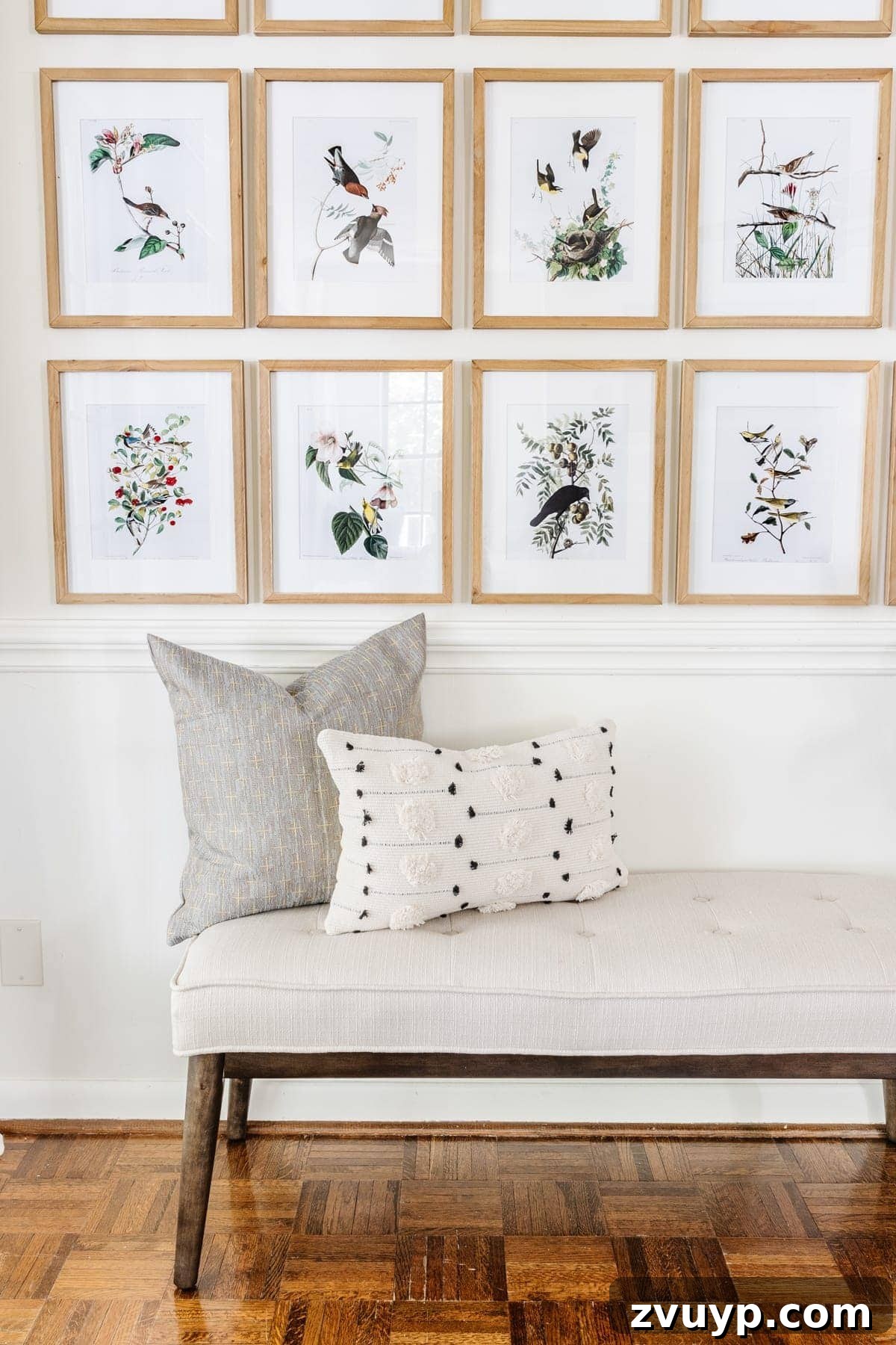 Audubon's Avian Art: Free Printable Gallery for Your Walls 5 Close-up of the updated entryway gallery wall showcasing free Audubon bird prints and coordinated home decor accents.