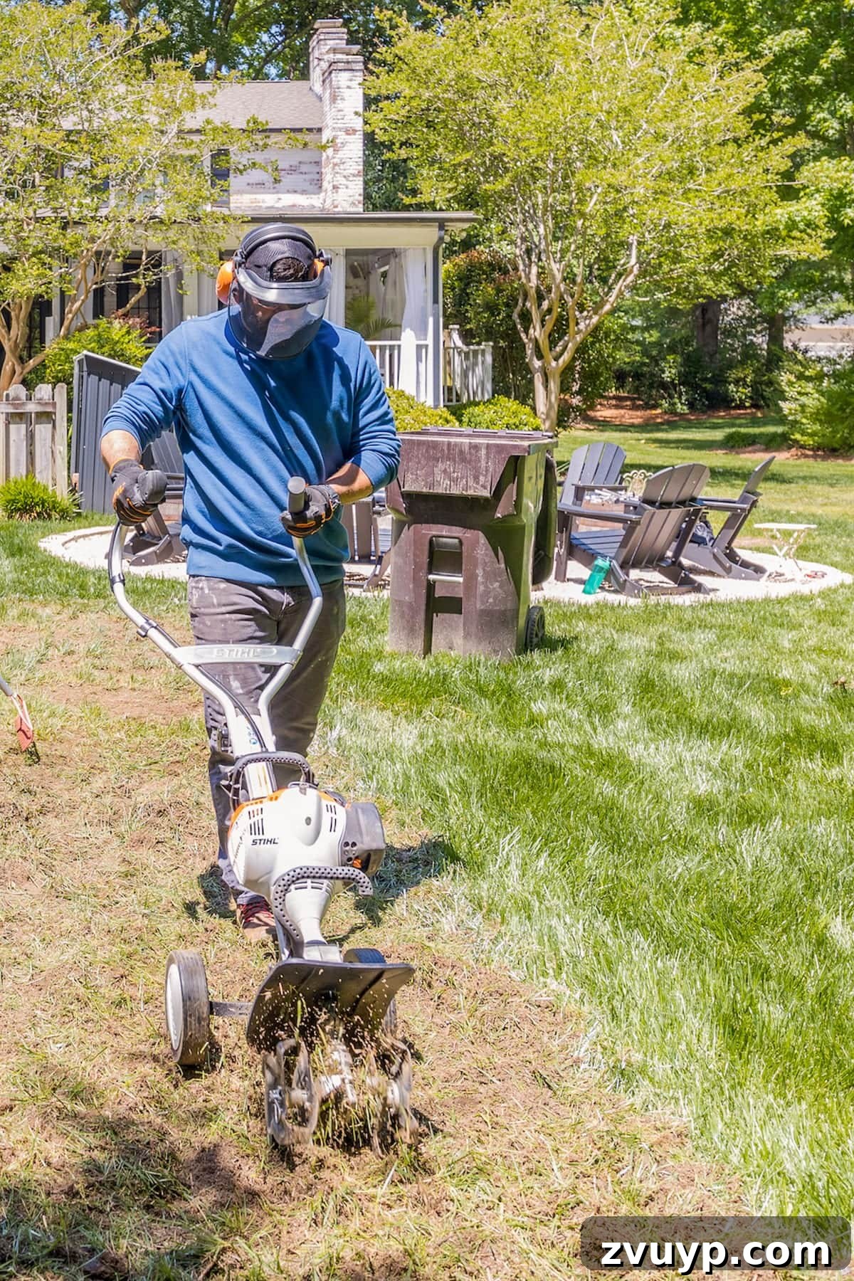Get Rolling Build a Bocce Court in a Weekend 11 Cultivating soil with a STIHL Yard Boss for bocce court preparation