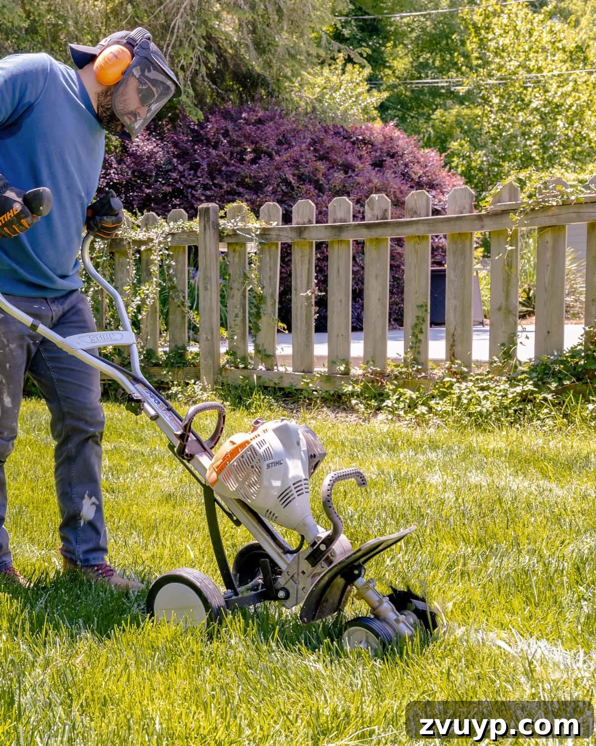 Get Rolling Build a Bocce Court in a Weekend 7 Using a STIHL Yard Boss with edger attachment to prepare a bocce ball court