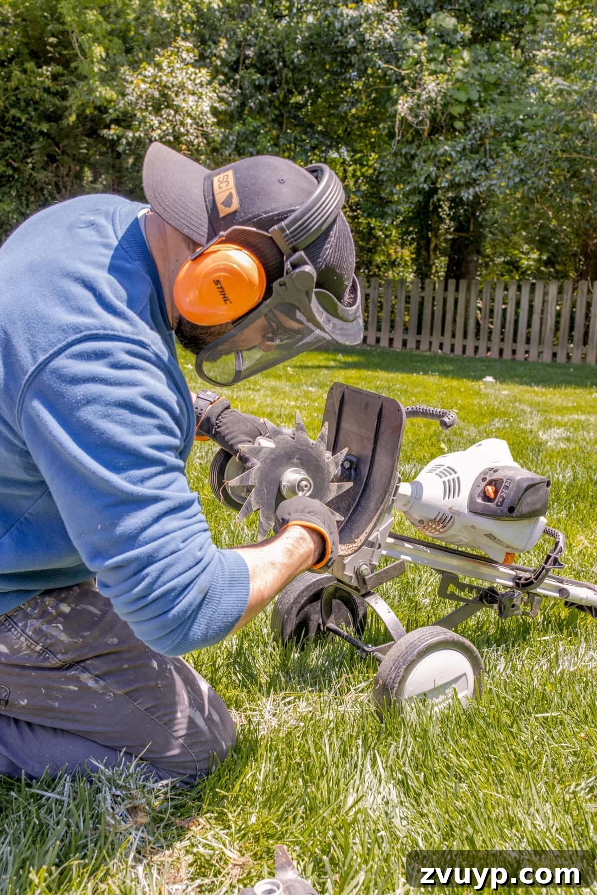 Get Rolling Build a Bocce Court in a Weekend 10 Changing attachments on a STIHL Yard Boss for tilling during bocce court construction